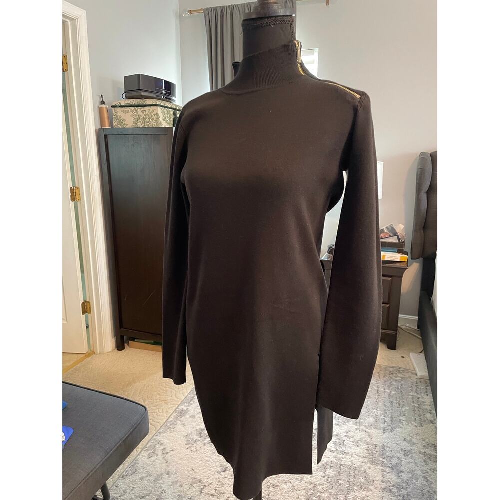 Cable & Gauge Black Knit Tunic Sweater Silver Zip Funnel Neck Longline - Picture 2 of 4